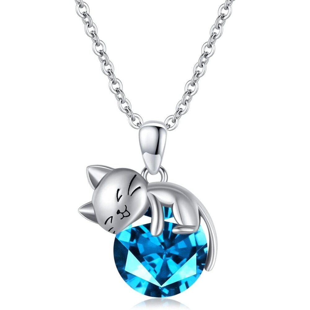 Women's Silver Blue Birthstone Beautiful Chain High Quality Pendant Cat Necklace